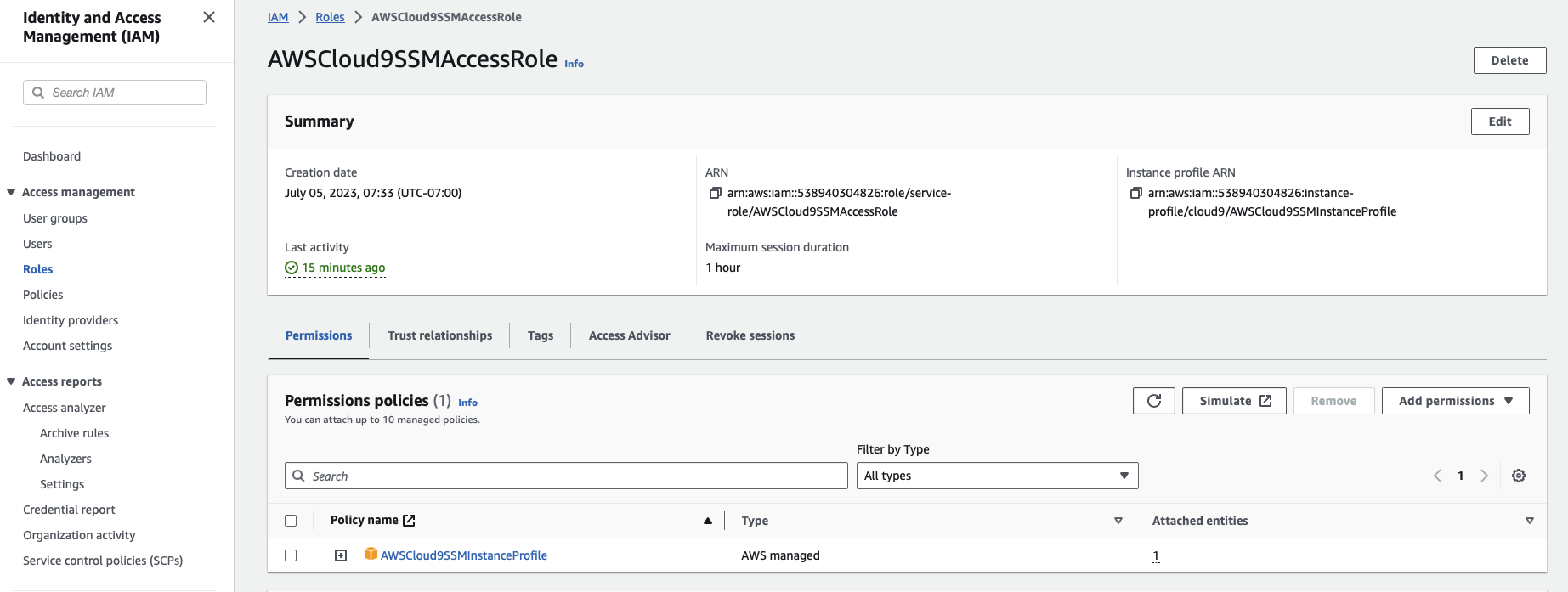 Find the Cloud9 IAM role