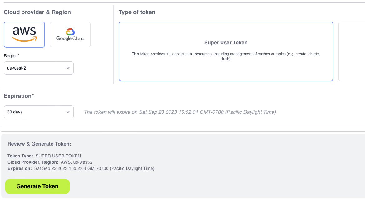 Complete form for creating an API token