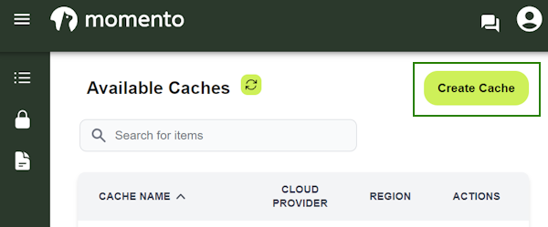 Create Cache button on the main dashboard