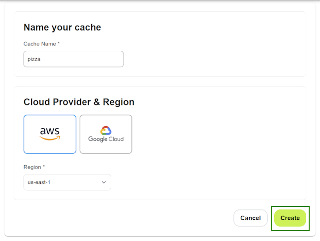 Complete form for creating a new cache