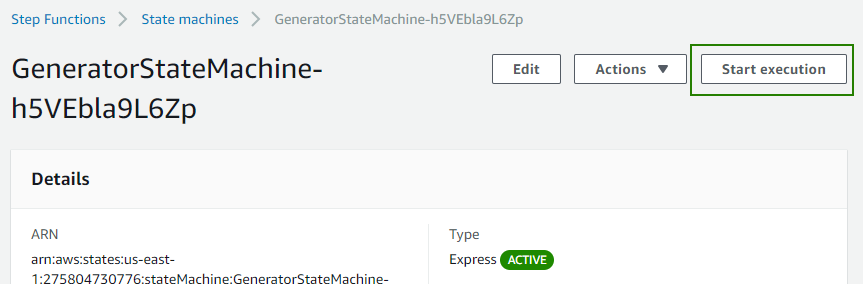 Step Functions detail page showing start button