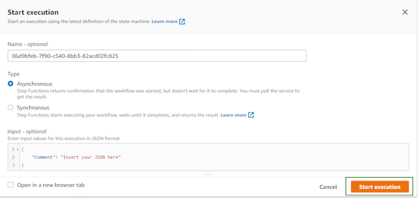 Step Function new execution page