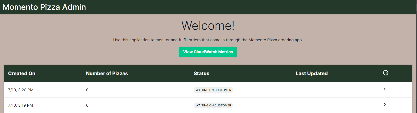Home page of the admin app